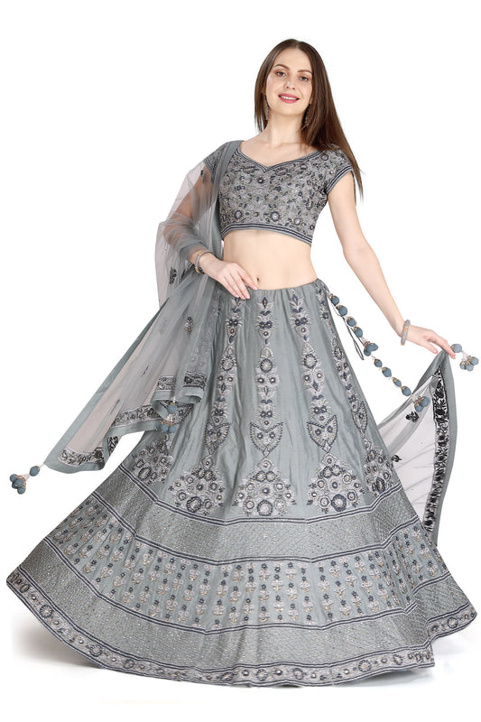 Grey Monochrome Stone Studded Lehenga Set-AariAmi Boutique