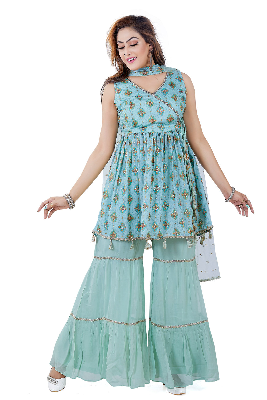 Sea Green Angarakha Style Gharara Set-AariAmi Boutique