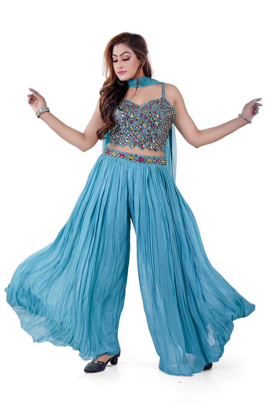 Pacific Blue Mirrorwork Crop Top Palazzo Set with Jacket-AariAmi Boutique