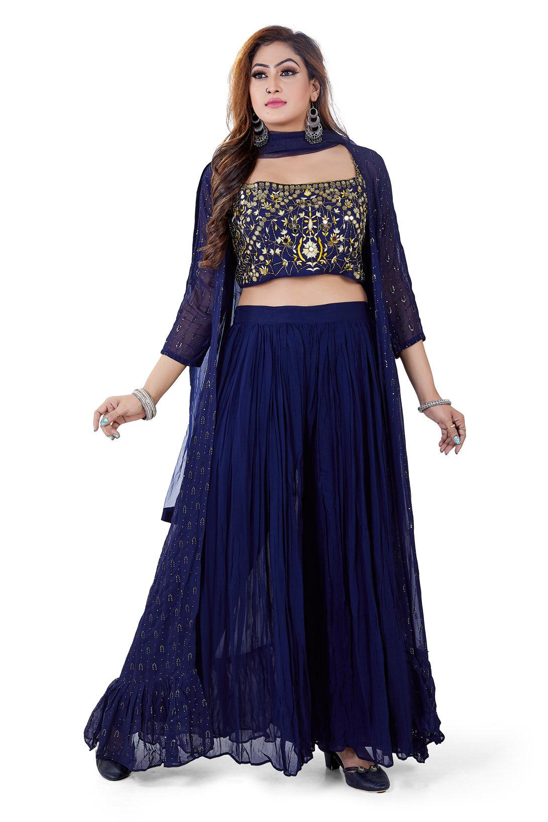 Midnight Blue Mirrorwork Crop Top Palazzo Set with Jacket-AariAmi Boutique