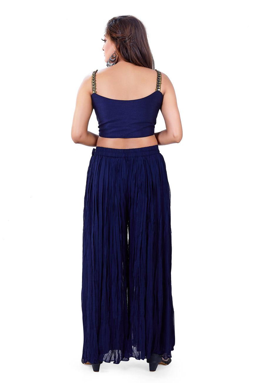 Midnight Blue Mirrorwork Crop Top Palazzo Set with Jacket-AariAmi Boutique