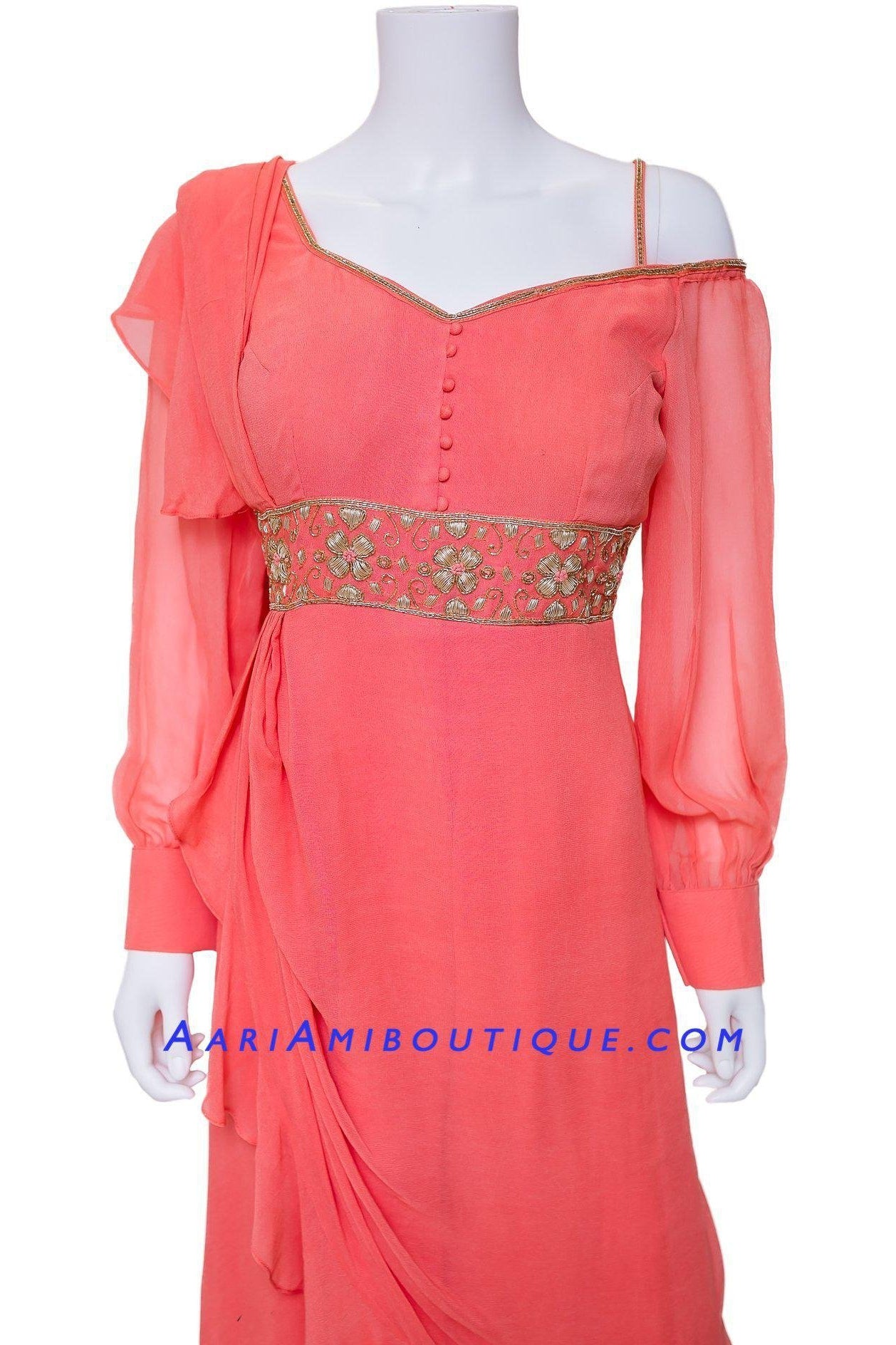 Alluring Coral Palazzo Set with attached Draped Dupatta-AariAmi Boutique