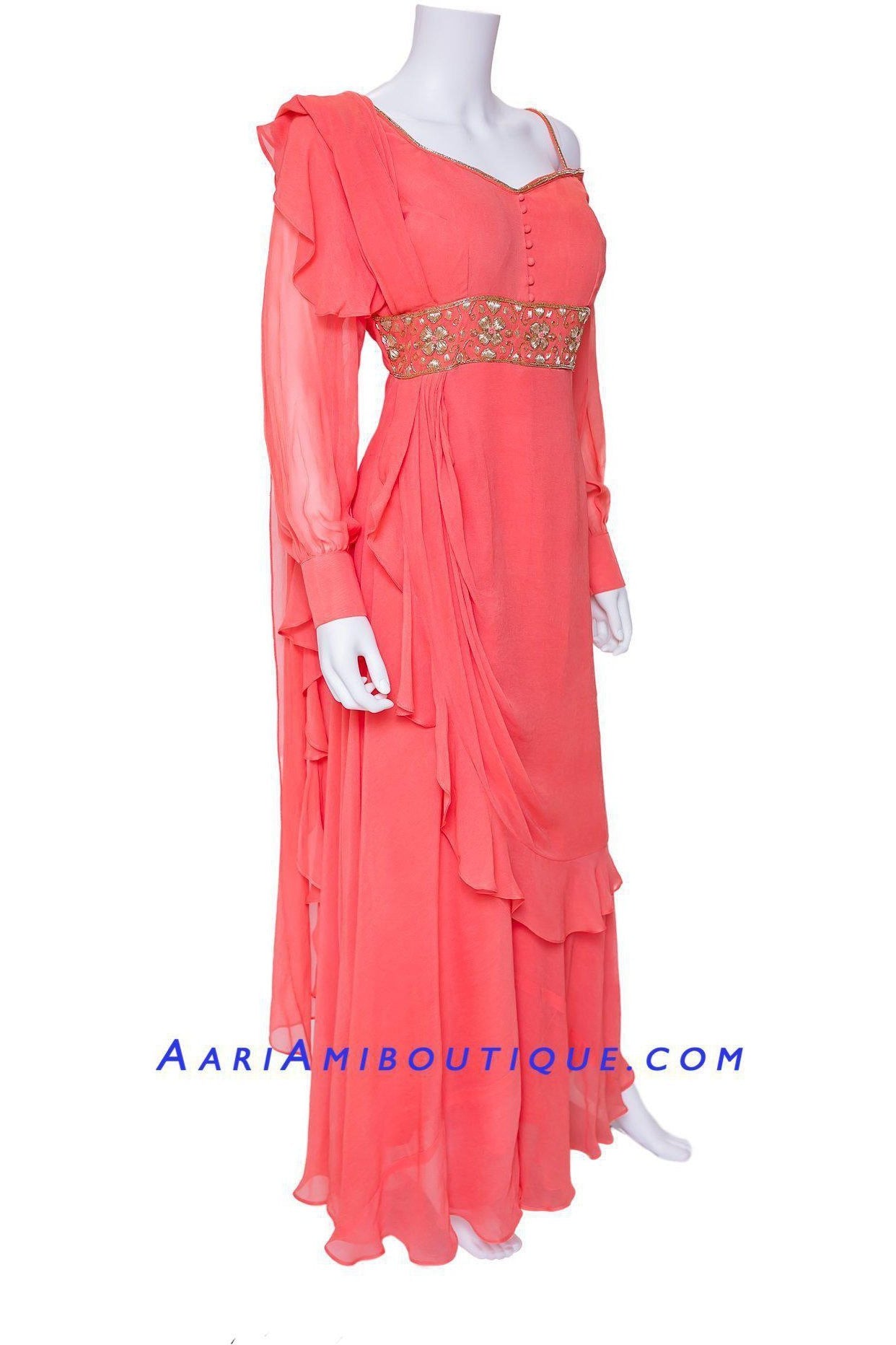 Alluring Coral Palazzo Set with attached Draped Dupatta-AariAmi Boutique