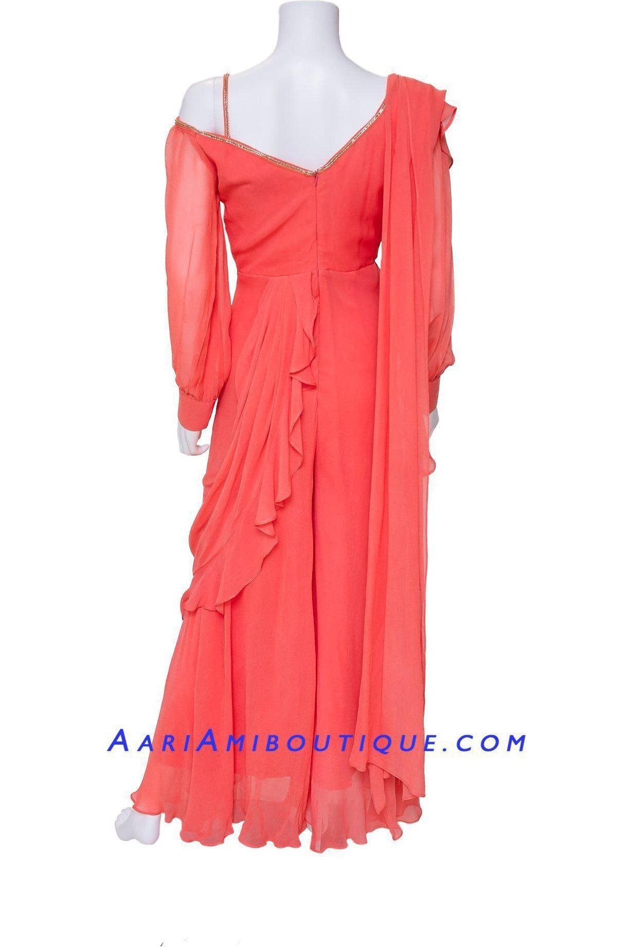 Alluring Coral Palazzo Set with attached Draped Dupatta-AariAmi Boutique