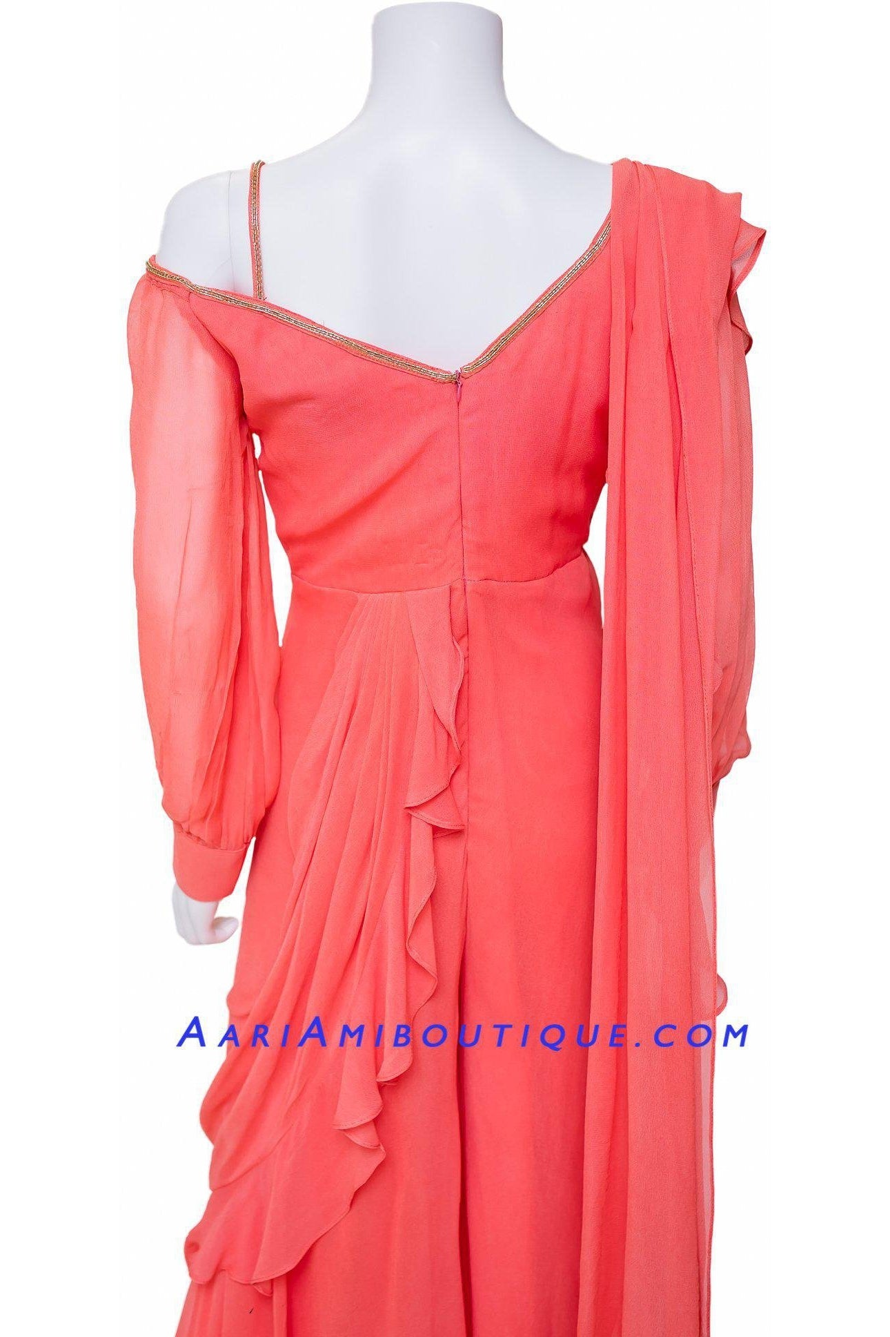 Alluring Coral Palazzo Set with attached Draped Dupatta-AariAmi Boutique