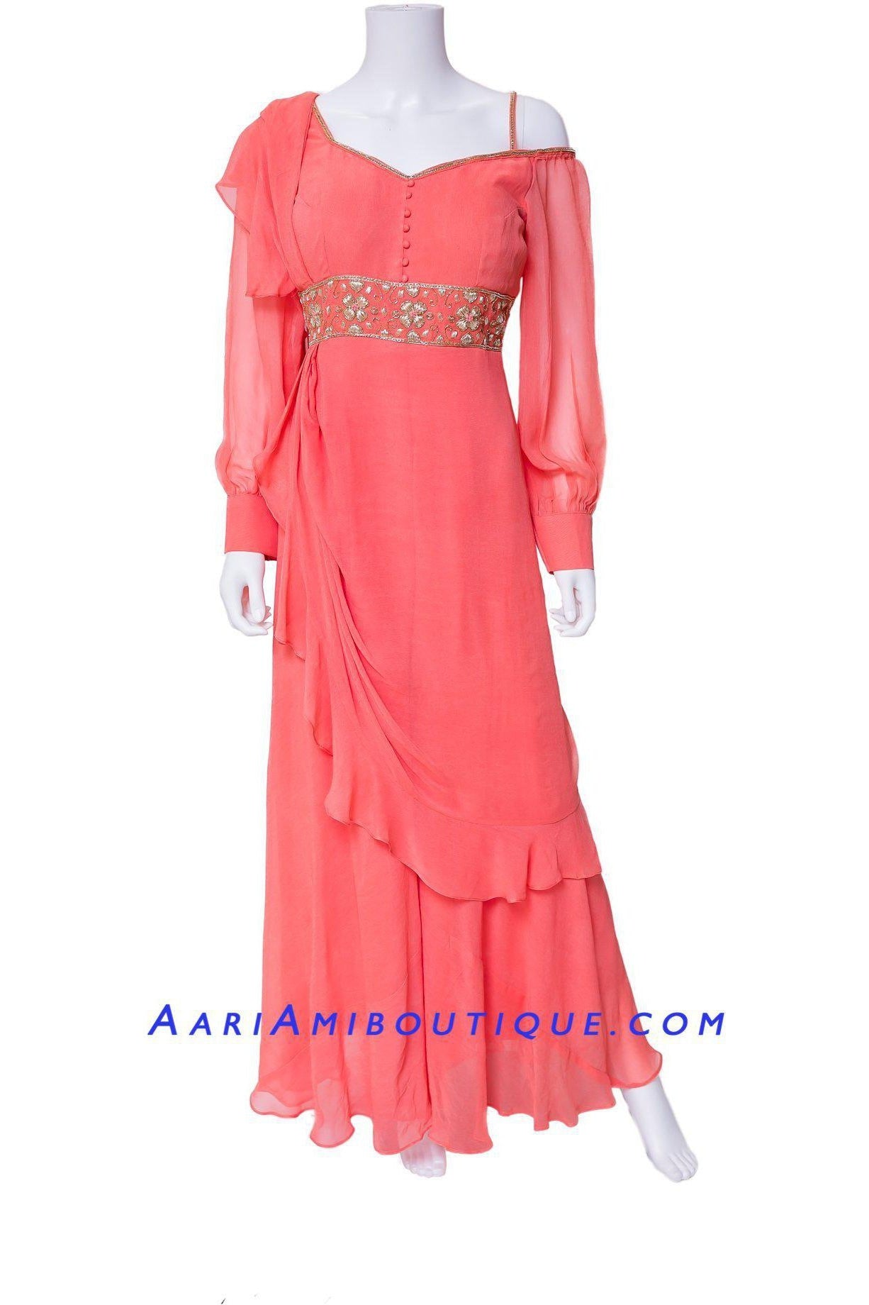 Alluring Coral Palazzo Set with attached Draped Dupatta-AariAmi Boutique