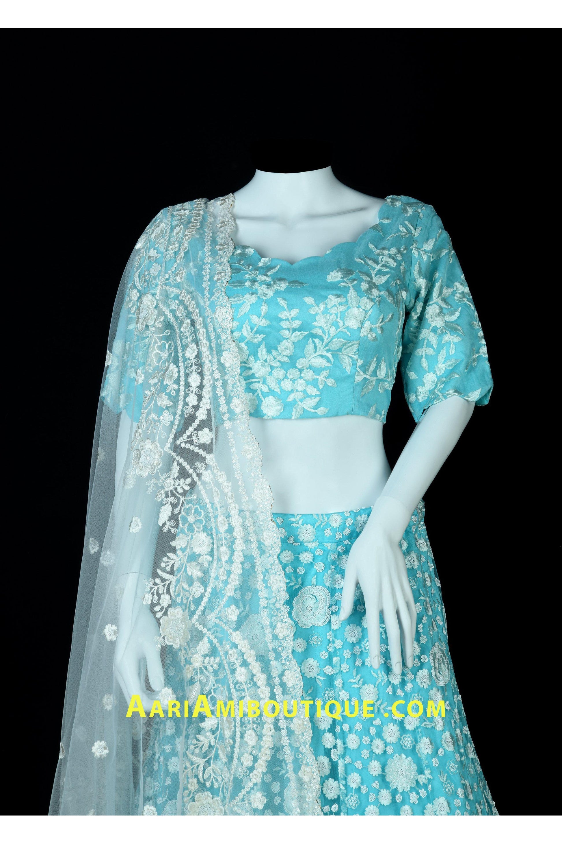 Aqua Blue Lucknowi Embroidered Lehenga Set-AariAmi Boutique