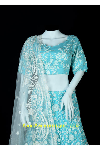 Aqua Blue Lucknowi Embroidered Lehenga Set-AariAmi Boutique
