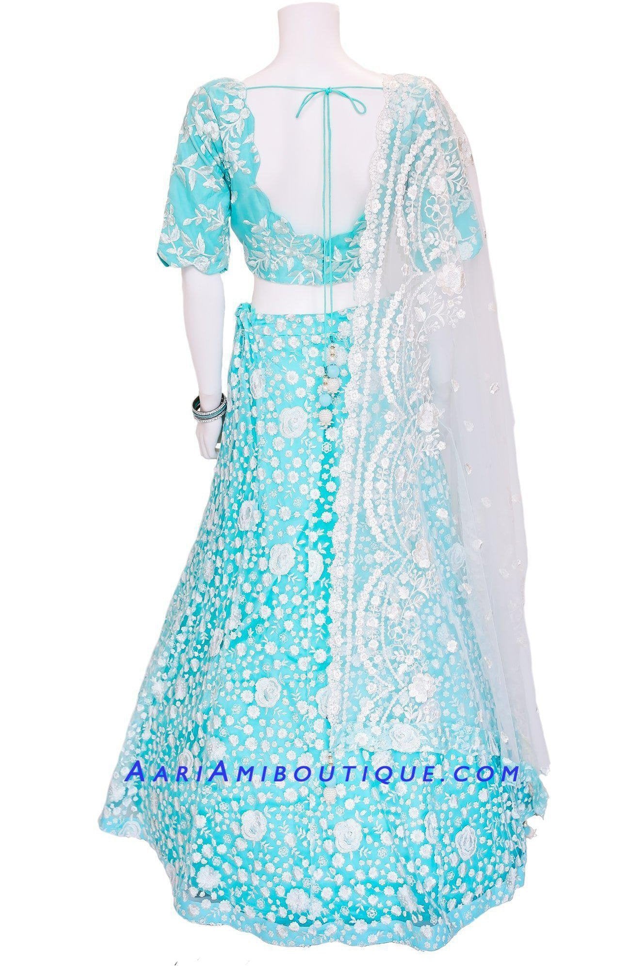 Aqua Blue Lucknowi Embroidered Lehenga Set-AariAmi Boutique