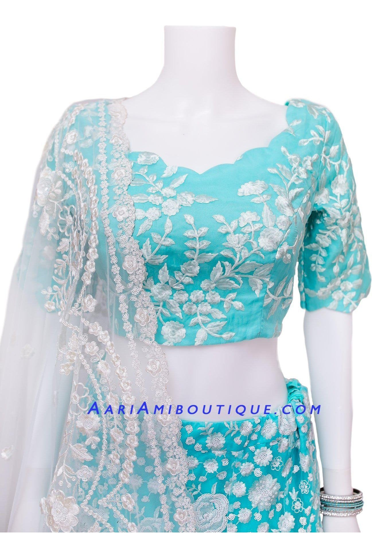 Aqua Blue Lucknowi Embroidered Lehenga Set-AariAmi Boutique