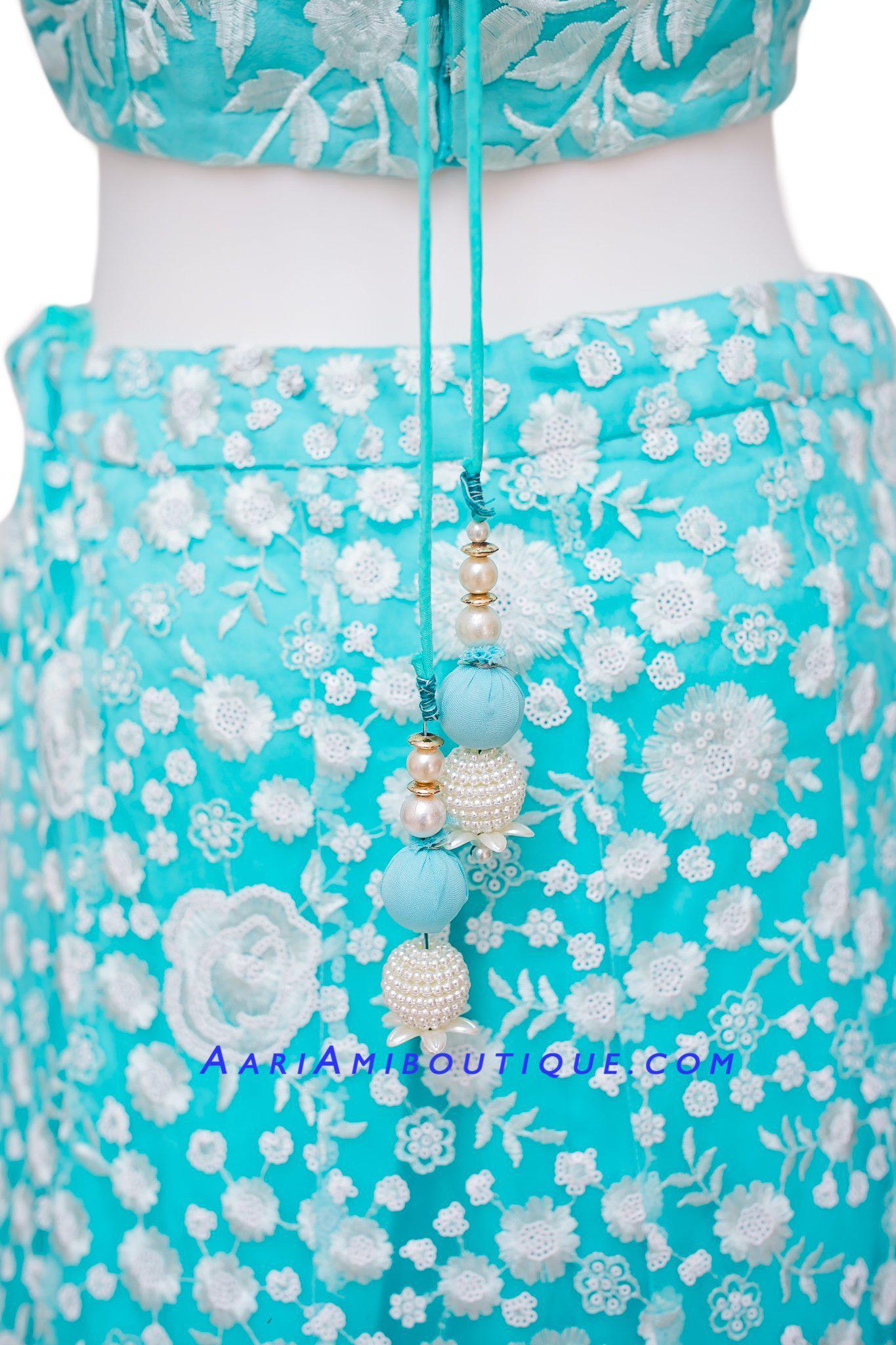 Aqua Blue Lucknowi Embroidered Lehenga Set-AariAmi Boutique
