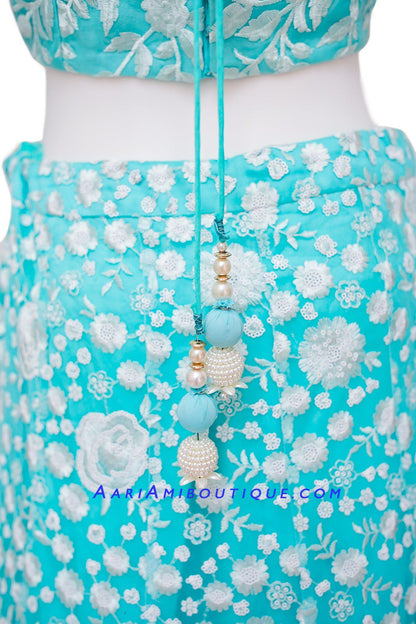 Aqua Blue Lucknowi Embroidered Lehenga Set-AariAmi Boutique