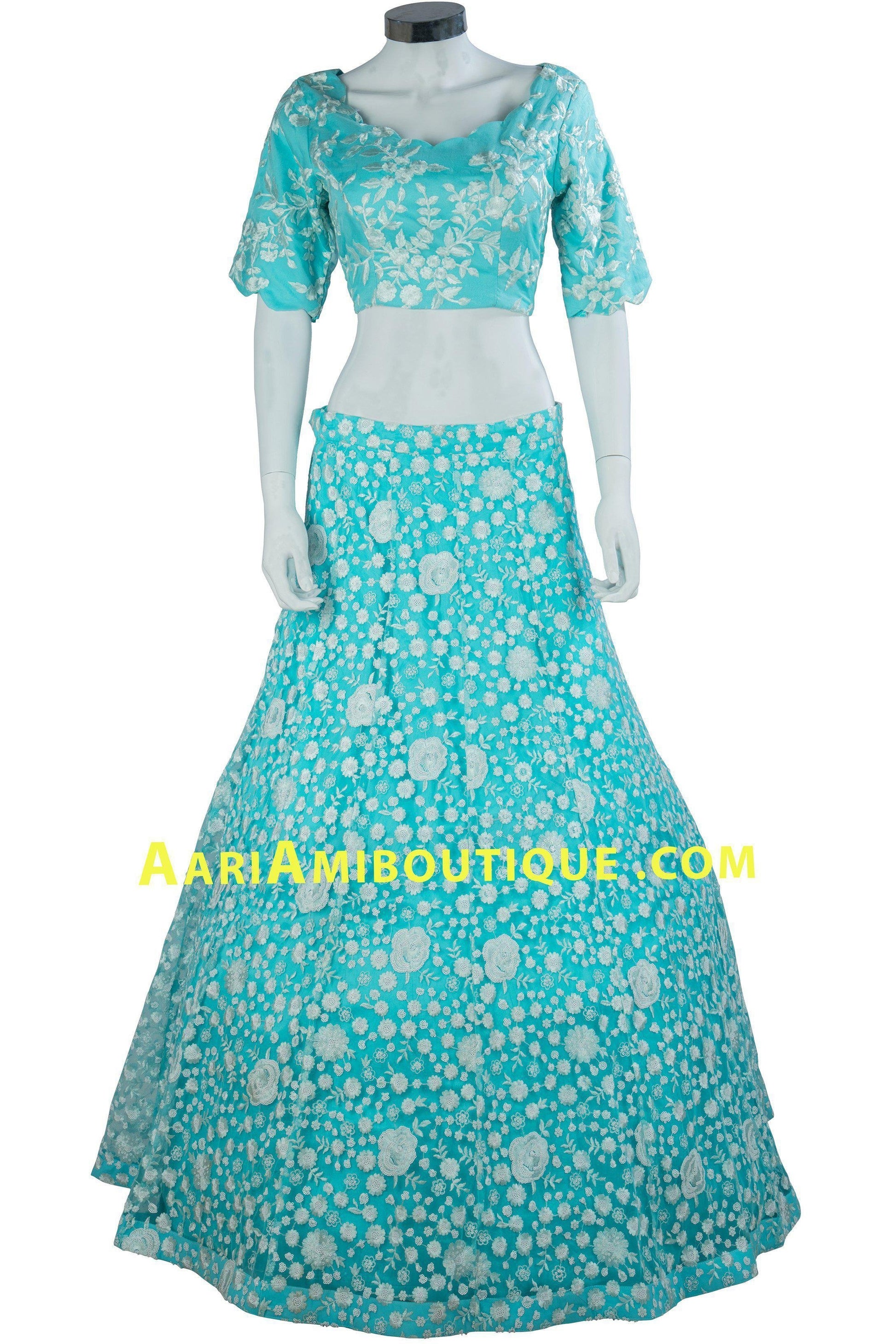 Aqua Blue Lucknowi Embroidered Lehenga Set-AariAmi Boutique