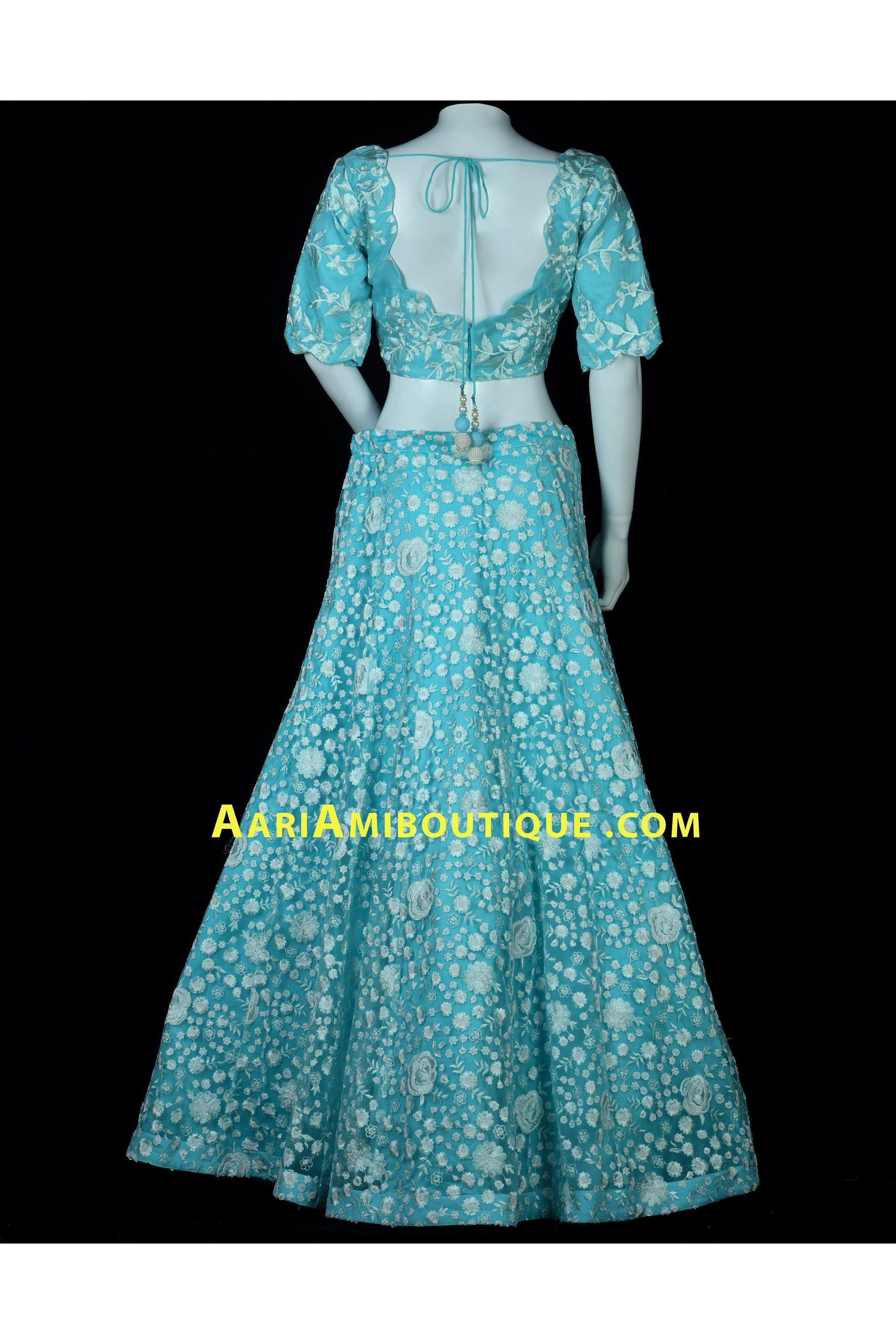 Aqua Blue Lucknowi Embroidered Lehenga Set-AariAmi Boutique