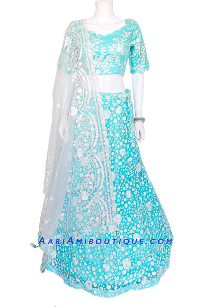 Aqua Blue Lucknowi Embroidered Lehenga Set-AariAmi Boutique