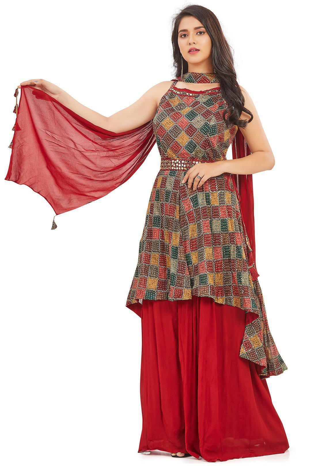 Bandhani Multicolor sequin studded Red Palazzo Set-AariAmi Boutique