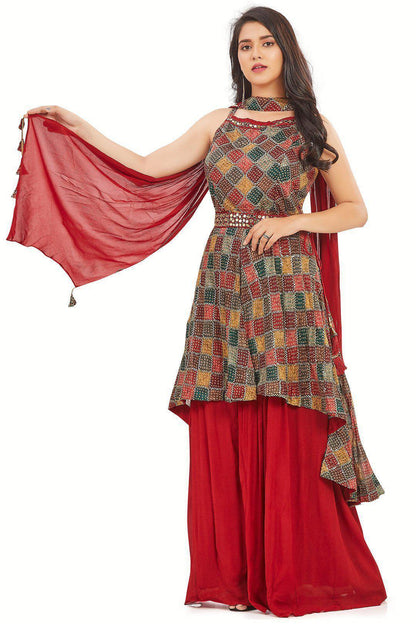Bandhani Multicolor sequin studded Red Palazzo Set-AariAmi Boutique