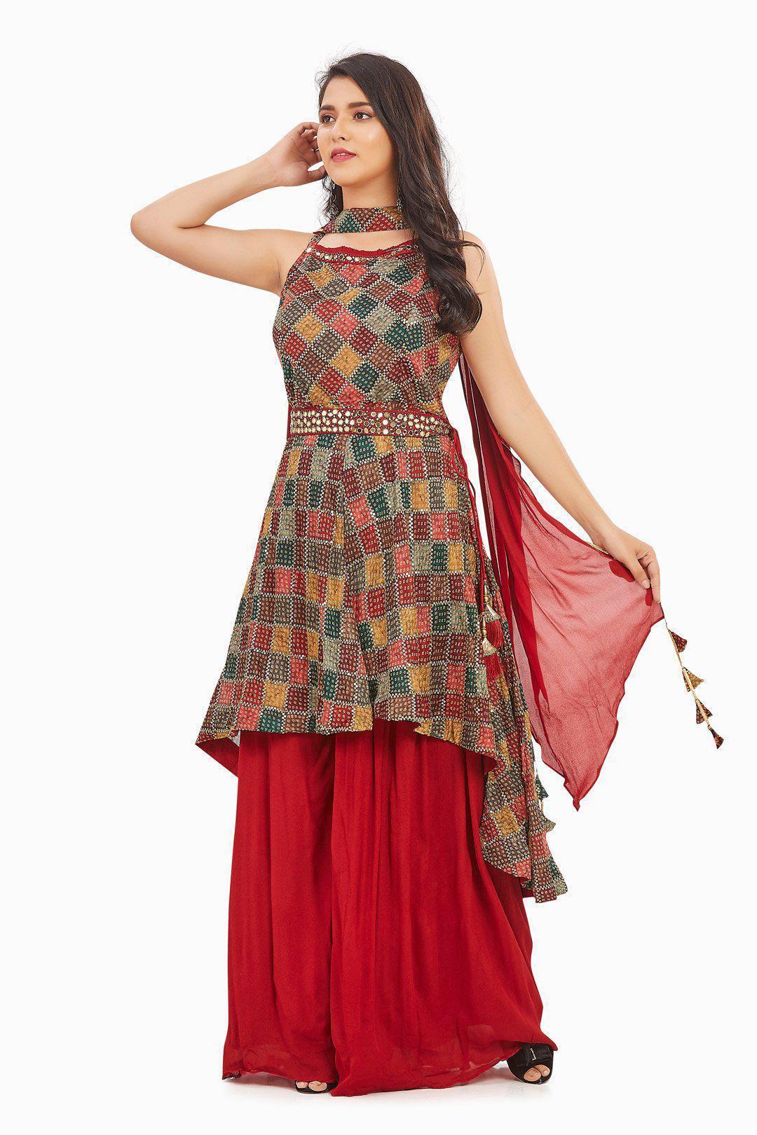 Bandhani Multicolor sequin studded Red Palazzo Set-AariAmi Boutique