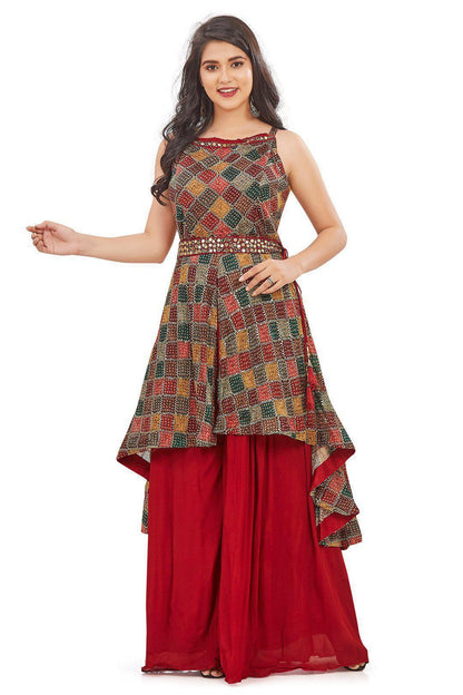 Bandhani Multicolor sequin studded Red Palazzo Set-AariAmi Boutique
