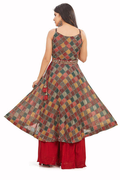 Bandhani Multicolor sequin studded Red Palazzo Set-AariAmi Boutique