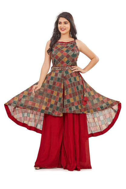 Bandhani Multicolor sequin studded Red Palazzo Set-AariAmi Boutique