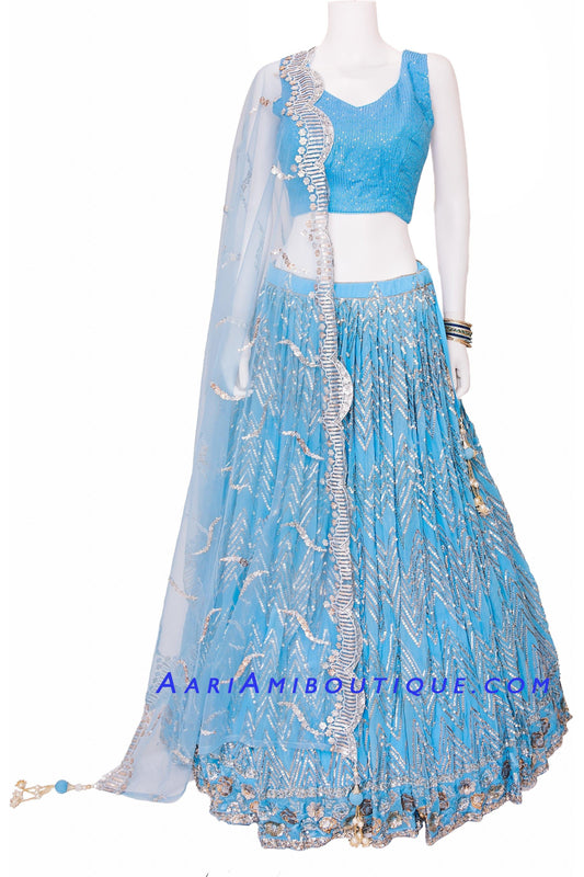 Beautiful Blue Sequin Lehenga Set-AariAmi Boutique