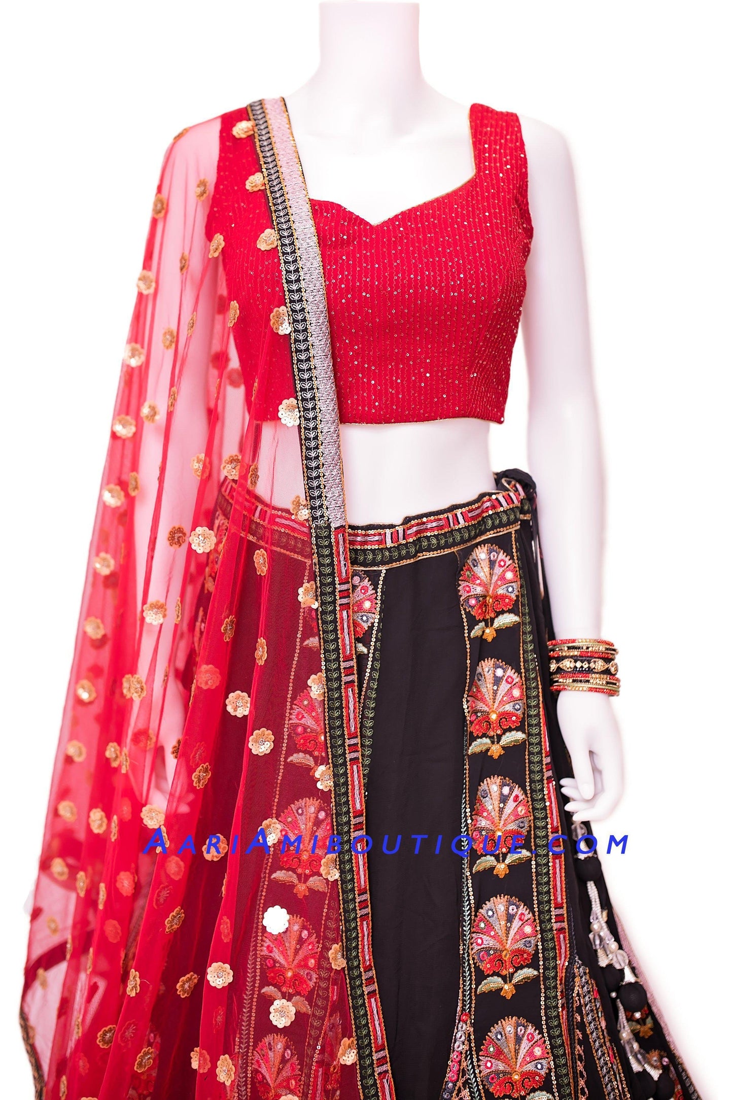 Black Embroidered Chaniya Choli with Red Blouse-AariAmi Boutique