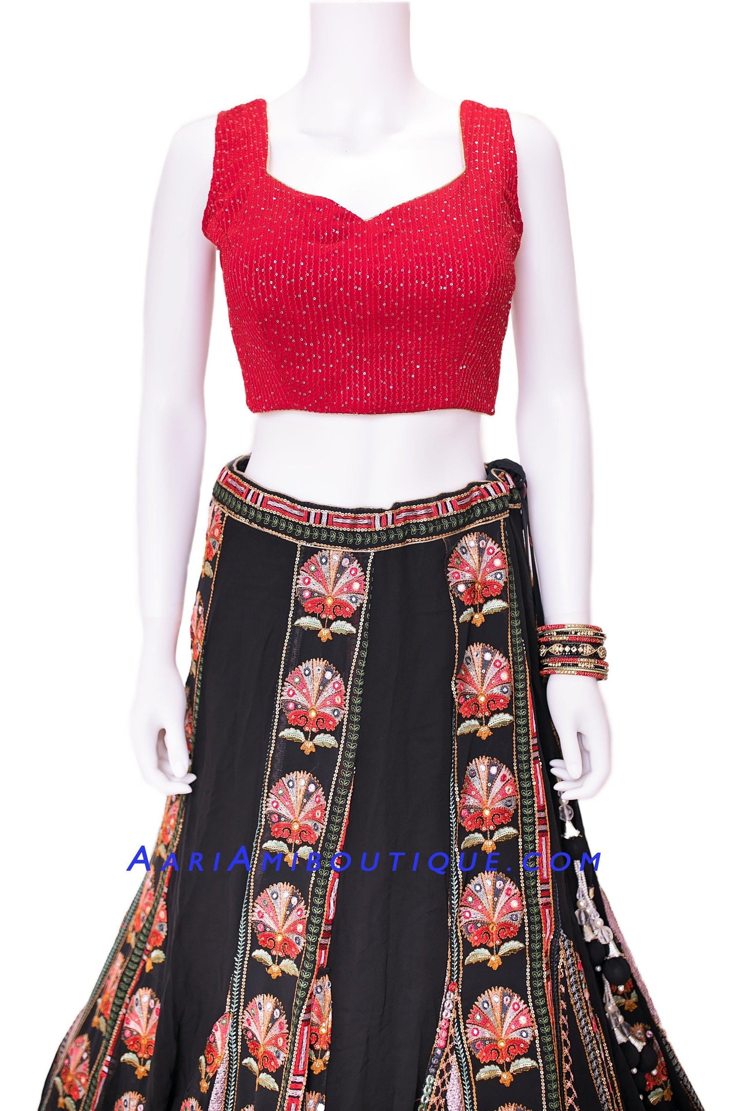 Black Embroidered Chaniya Choli with Red Blouse-AariAmi Boutique