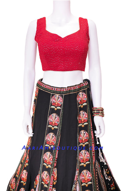 Black Embroidered Chaniya Choli with Red Blouse-AariAmi Boutique