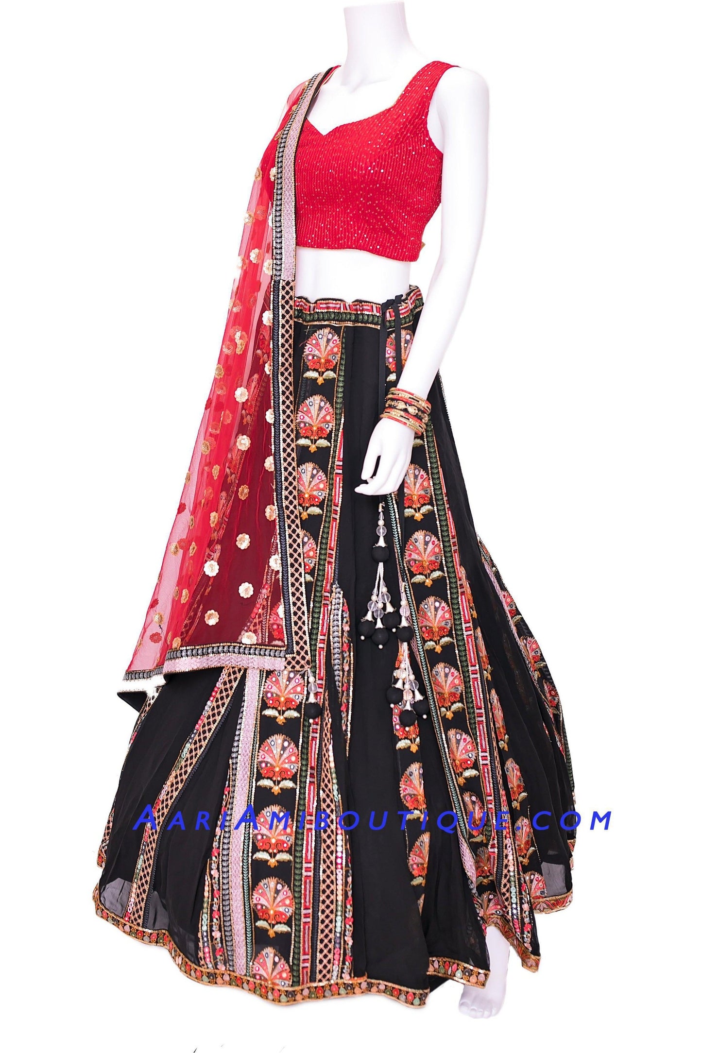 Black Embroidered Chaniya Choli with Red Blouse-AariAmi Boutique