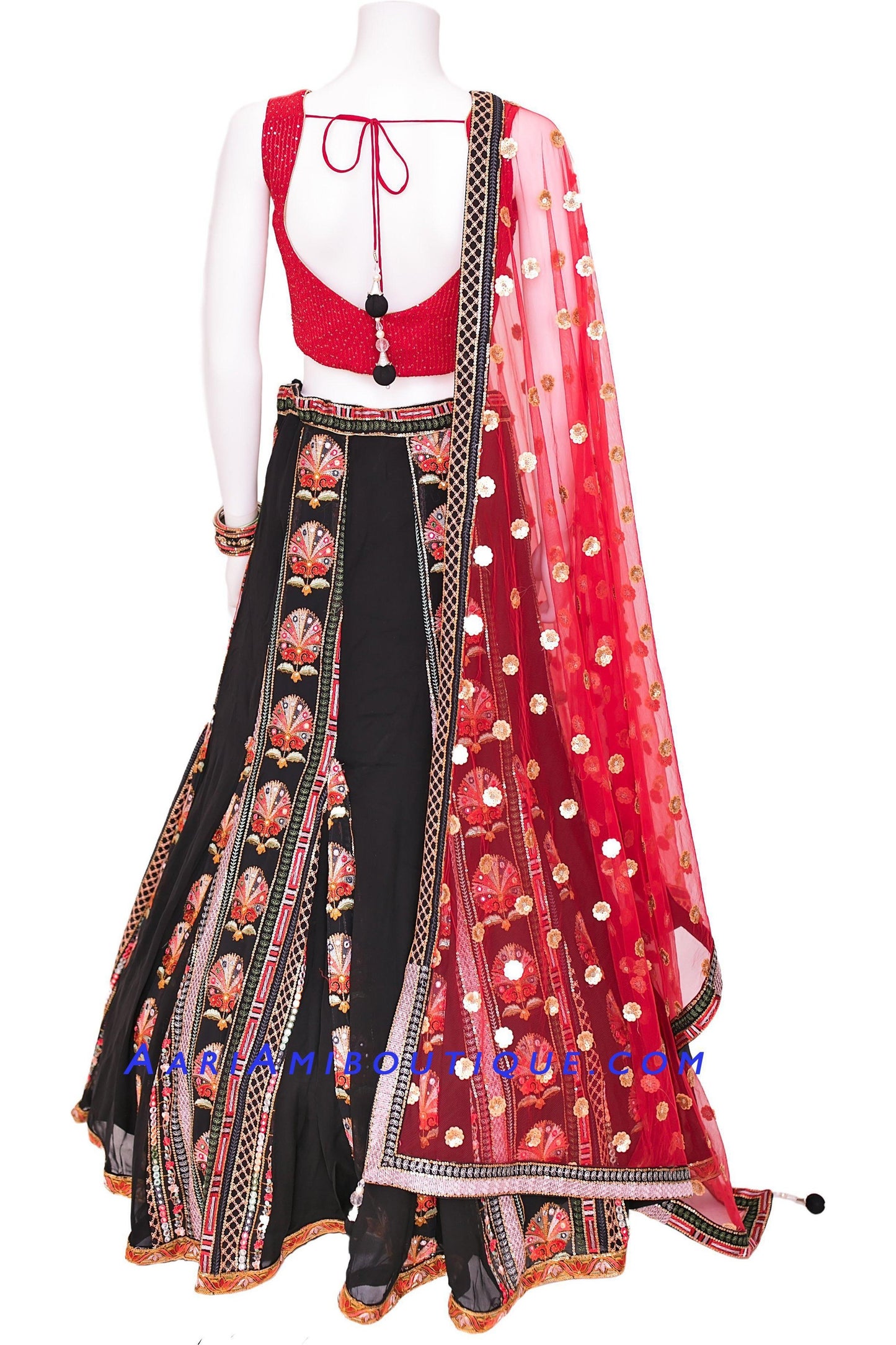 Black Embroidered Chaniya Choli with Red Blouse-AariAmi Boutique