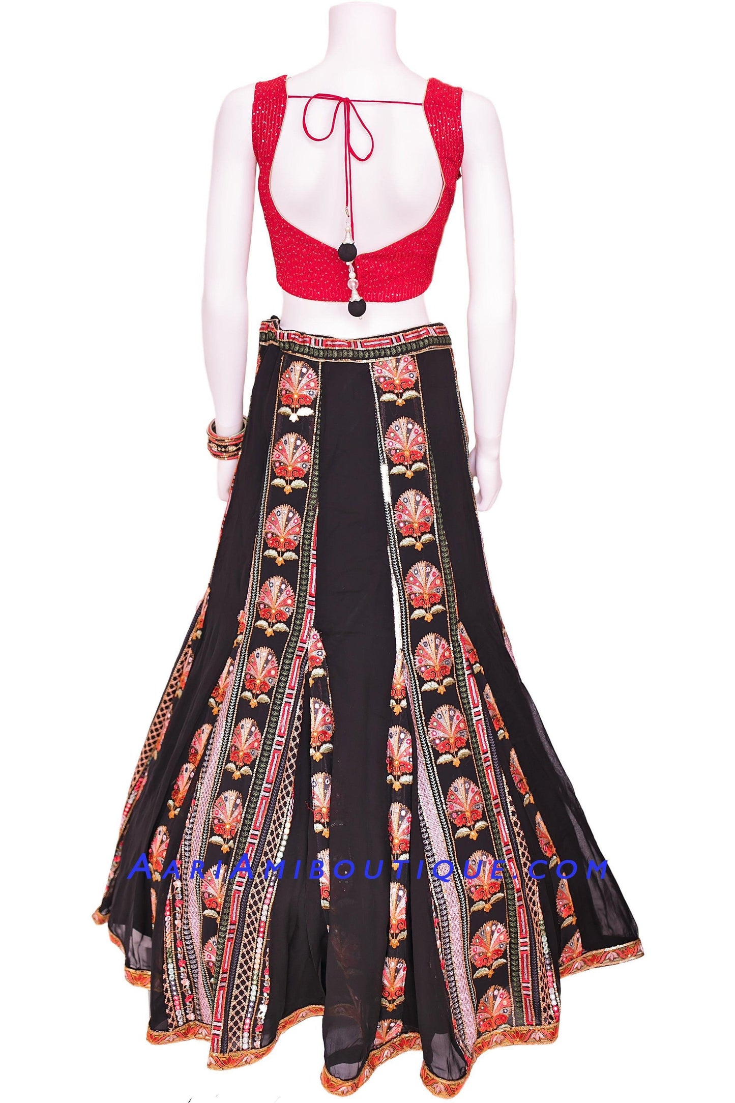 Black Embroidered Chaniya Choli with Red Blouse-AariAmi Boutique