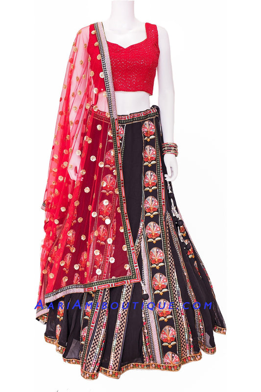 Black Embroidered Chaniya Choli with Red Blouse-AariAmi Boutique