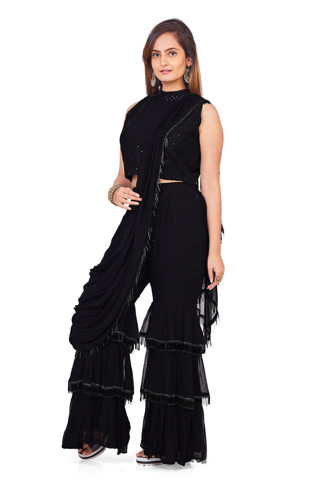 Black Gharara Set with attached drape dupatta-AariAmi Boutique