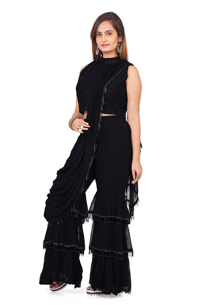 Black Gharara Set with attached drape dupatta-AariAmi Boutique