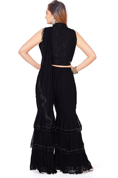 Black Gharara Set with attached drape dupatta-AariAmi Boutique