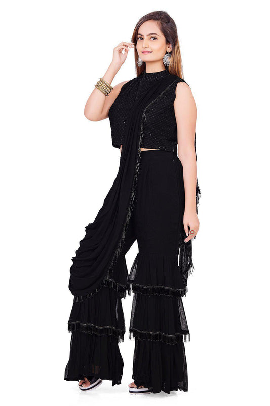 Black Gharara Set with attached drape dupatta-AariAmi Boutique