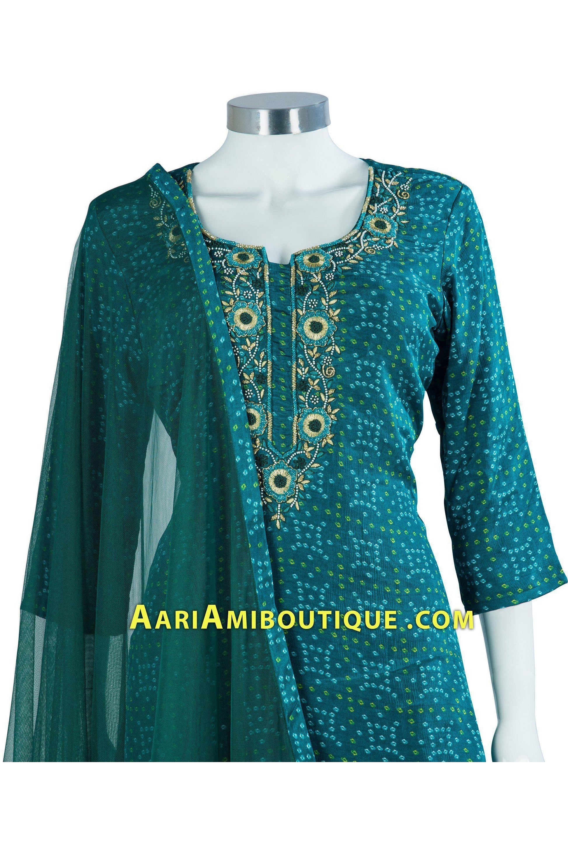 Blue Green Bandhani Embroidered Palazzo Set-AariAmi Boutique