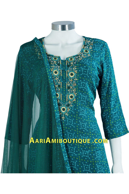 Blue Green Bandhani Embroidered Palazzo Set-AariAmi Boutique