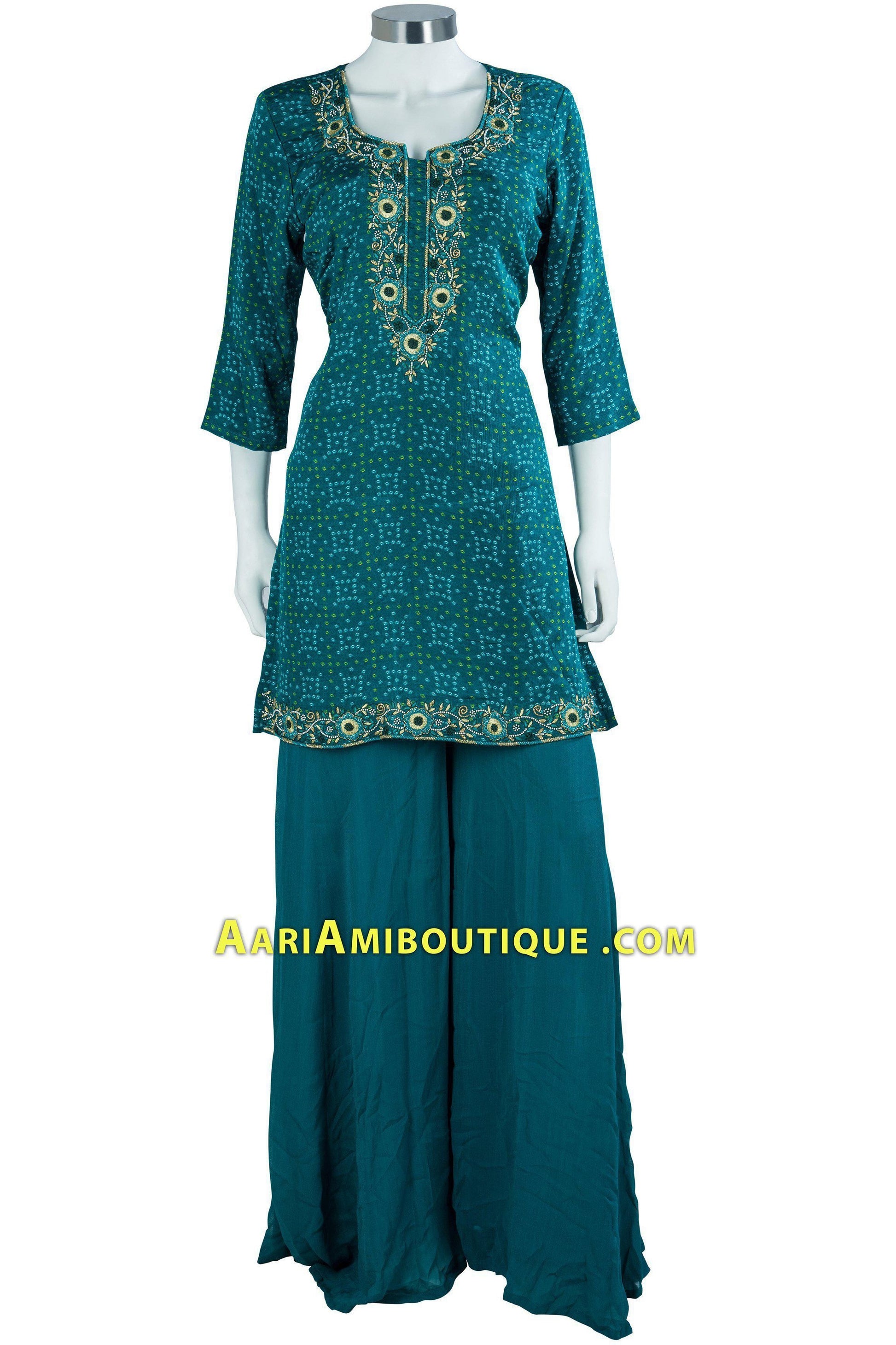 Blue Green Bandhani Embroidered Palazzo Set-AariAmi Boutique