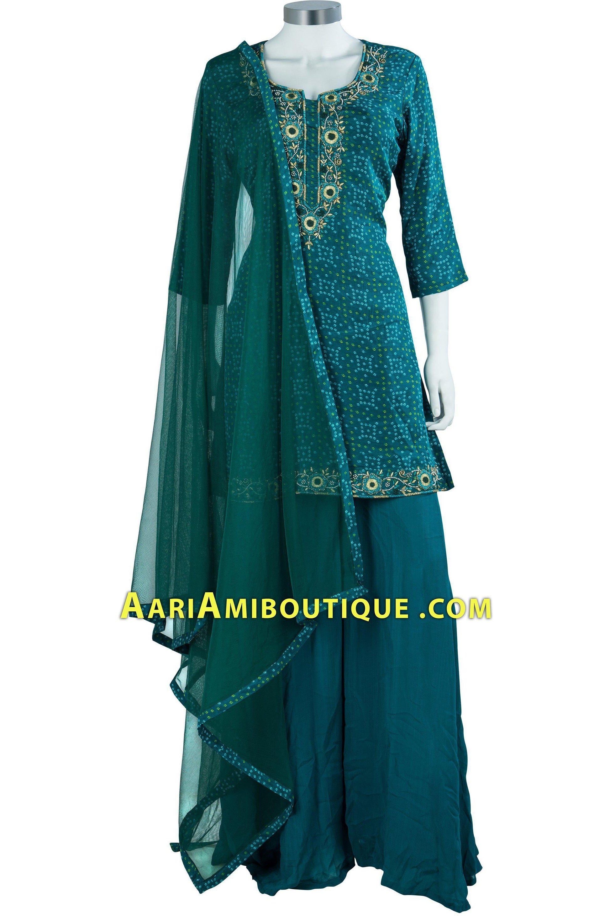 Blue Green Bandhani Embroidered Palazzo Set-AariAmi Boutique