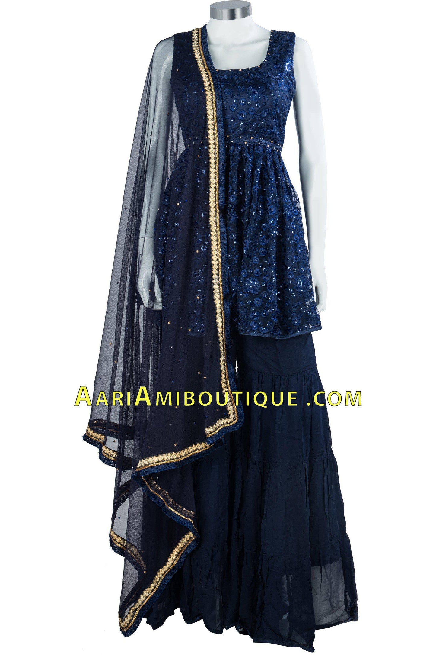 Blue Sequin Studded Embroidered Gharara Set-AariAmi Boutique