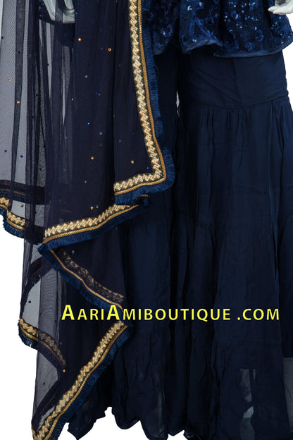 Blue Sequin Studded Embroidered Gharara Set-AariAmi Boutique