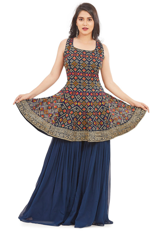 Blue Embroidered Gharara Set-AariAmi Boutique