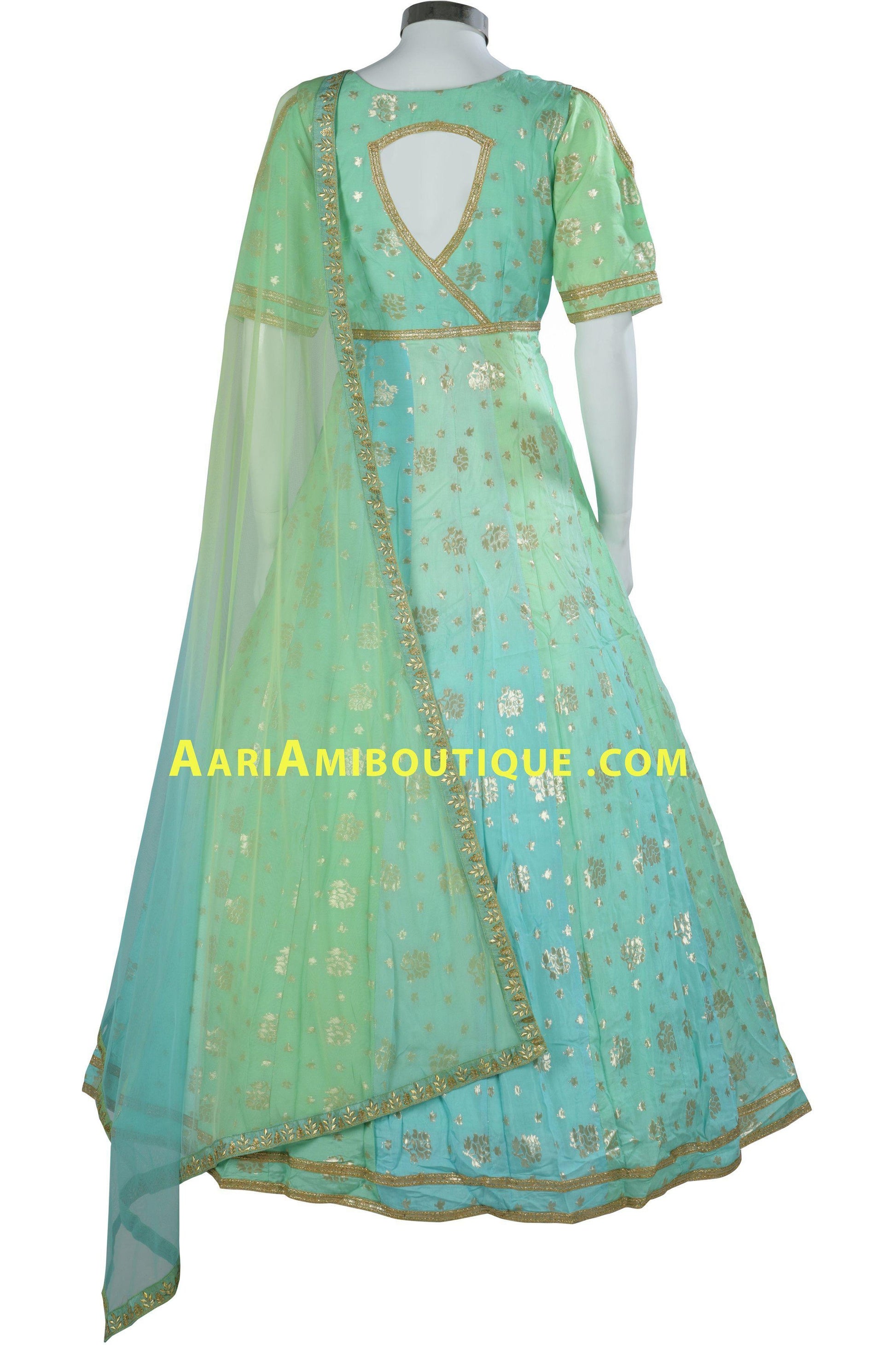 Blue-Green Ombre Brocade Anarkali Set-AariAmi Boutique
