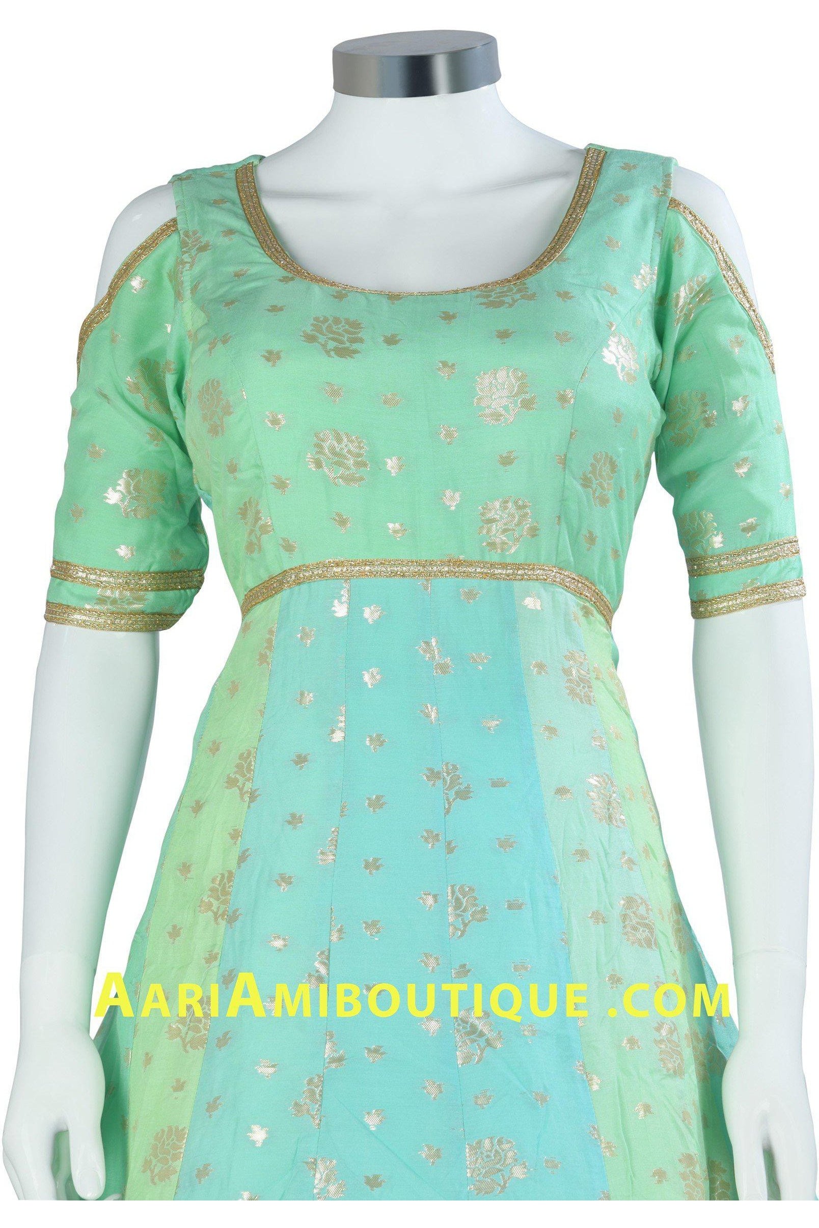 Blue-Green Ombre Brocade Anarkali Set-AariAmi Boutique