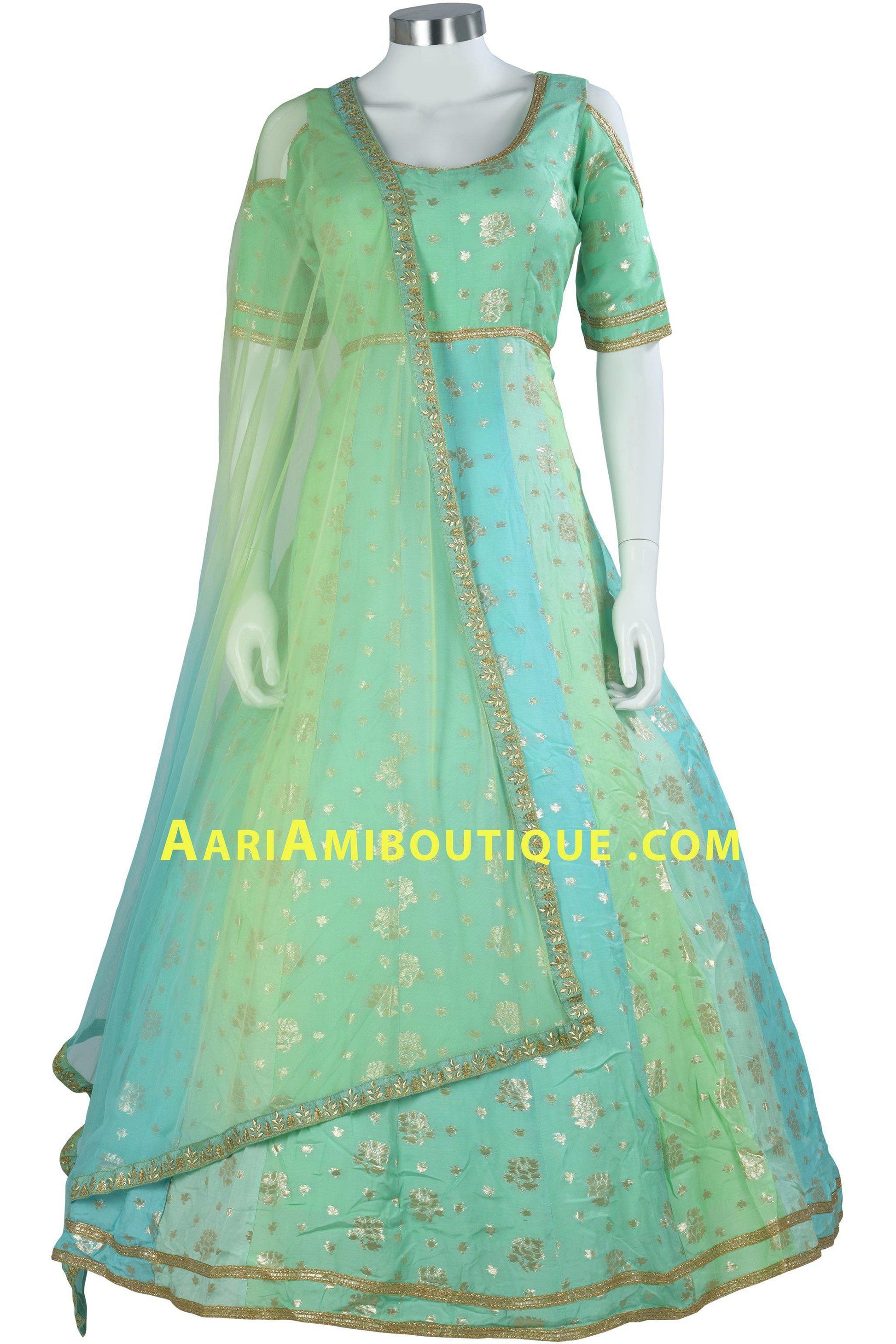 Blue-Green Ombre Brocade Anarkali Set-AariAmi Boutique