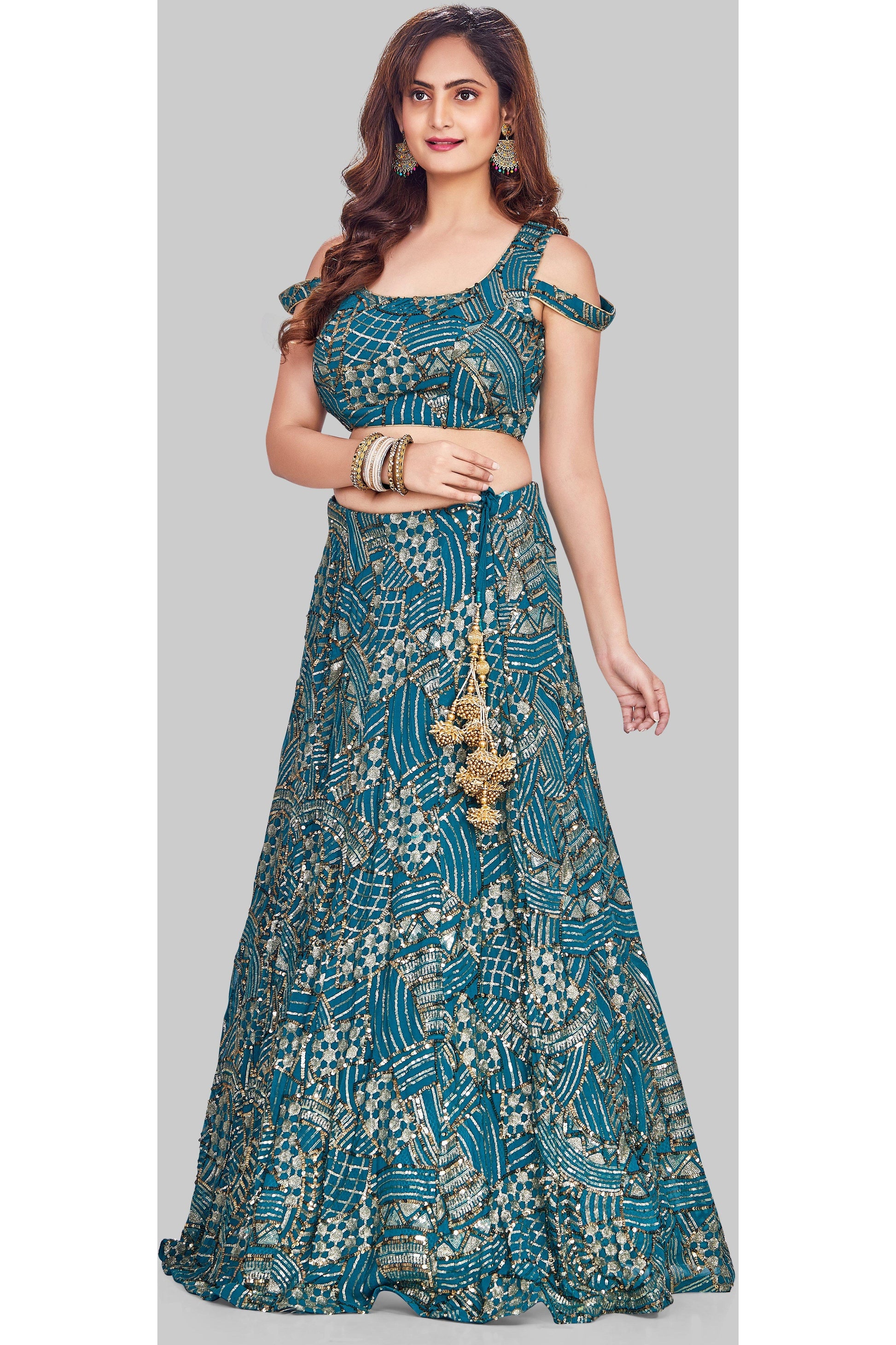 Blue Sequin Studded Cold Shoulder Lehenga Set-AariAmi Boutique