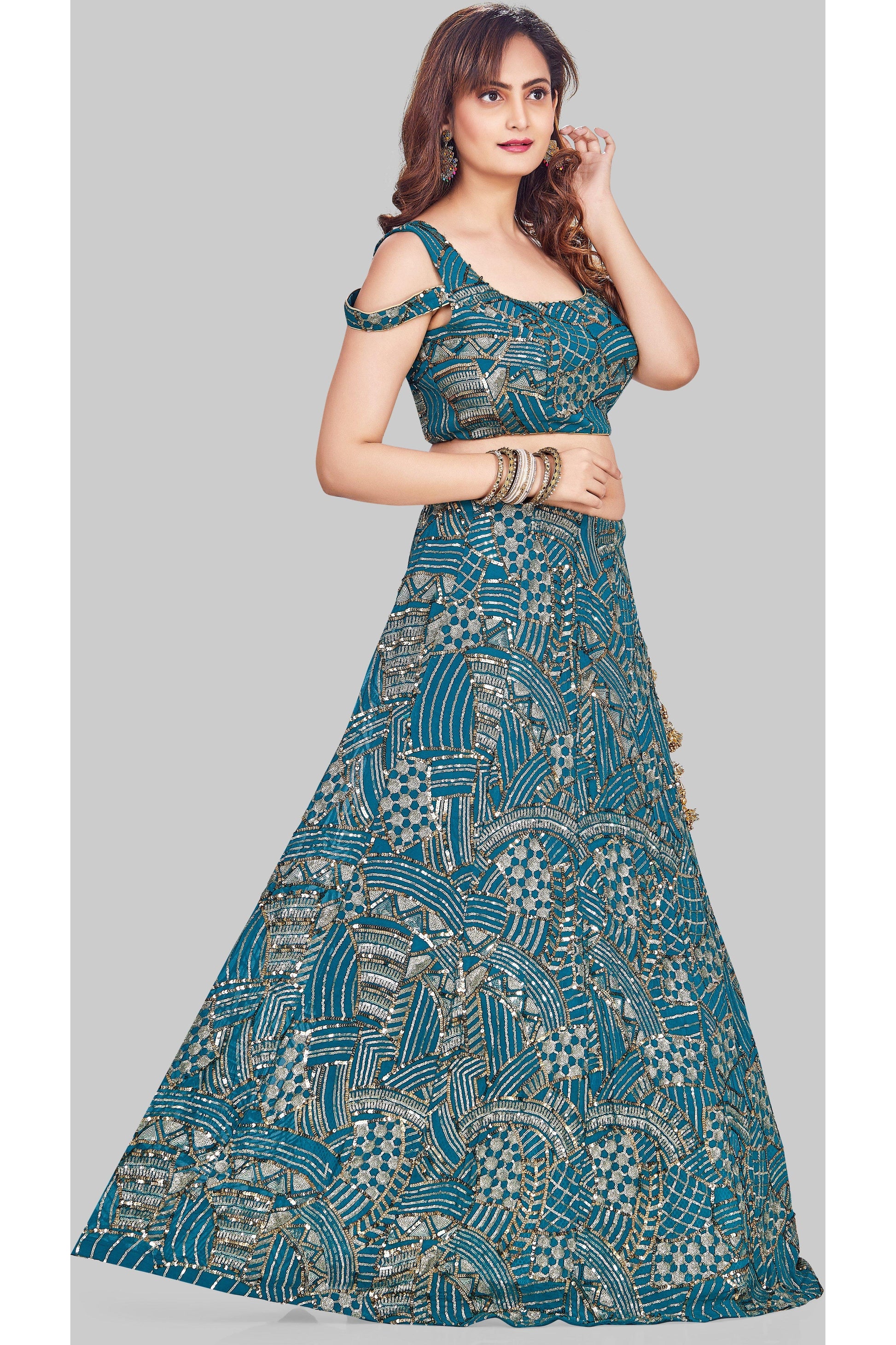 Blue Sequin Studded Cold Shoulder Lehenga Set-AariAmi Boutique