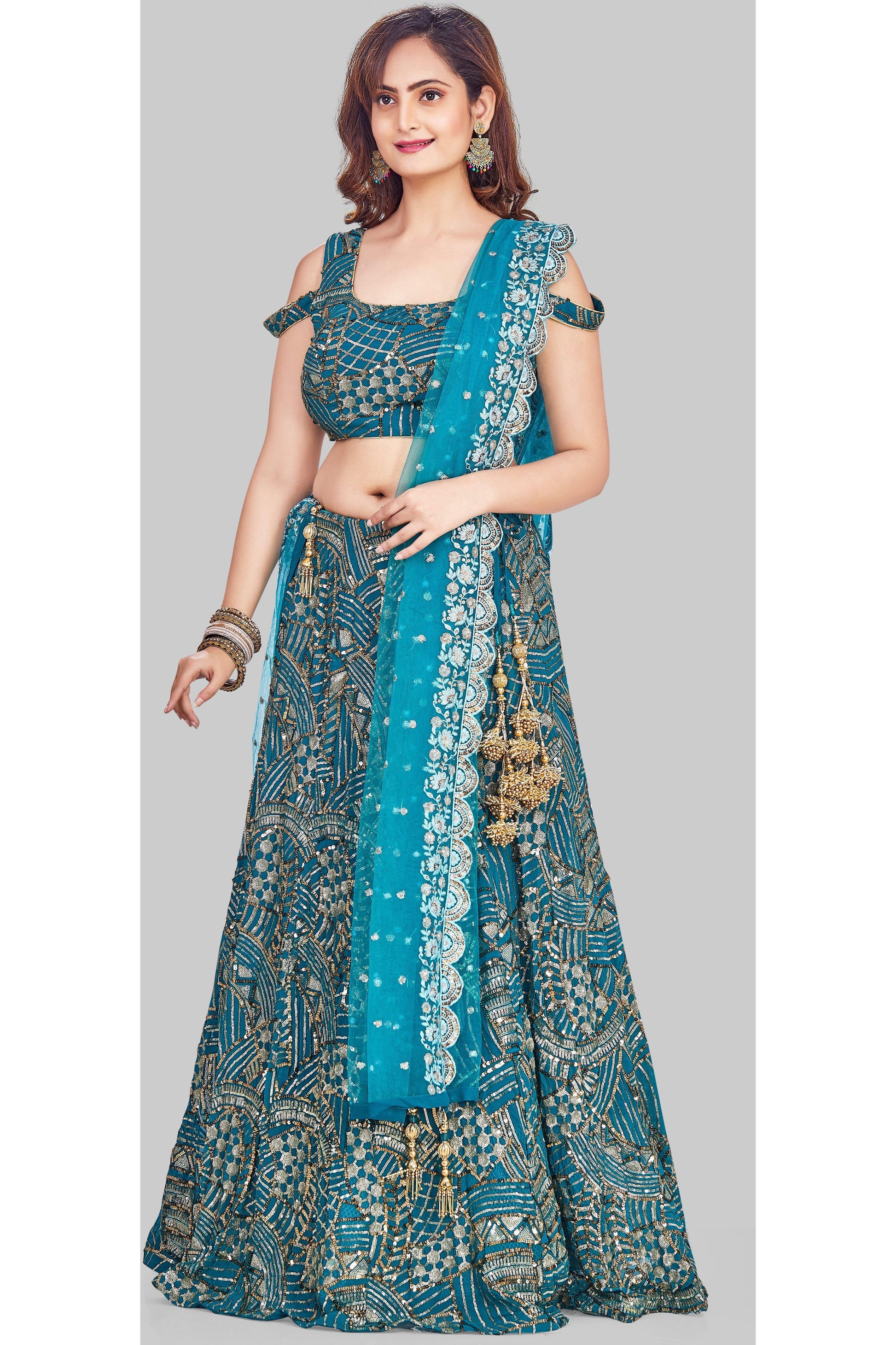 Blue Sequin Studded Cold Shoulder Lehenga Set-AariAmi Boutique